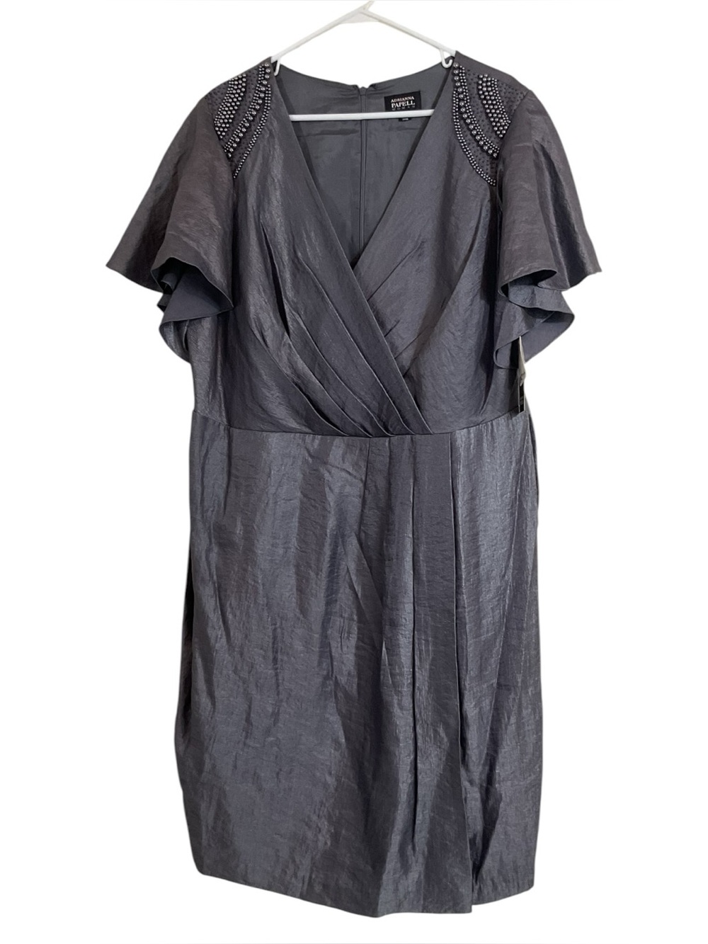 Adrianna Papell Women’s Gray Shimmer Cocktail Dress Beaded Shoulder Flutter Slee